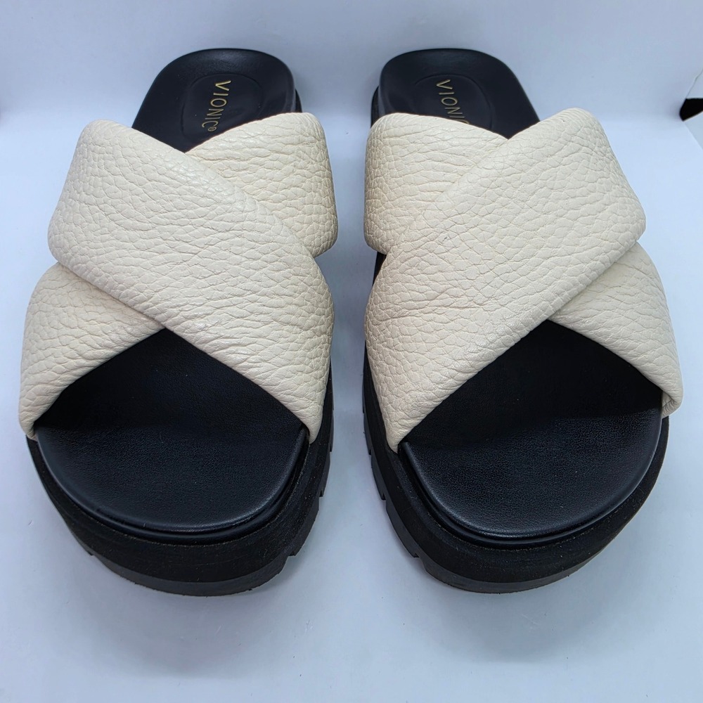 Vionic Vesta Cream Leather Crisscross Platform Slide Sandals Womens 9 Lug Sole - Picture 2 of 10